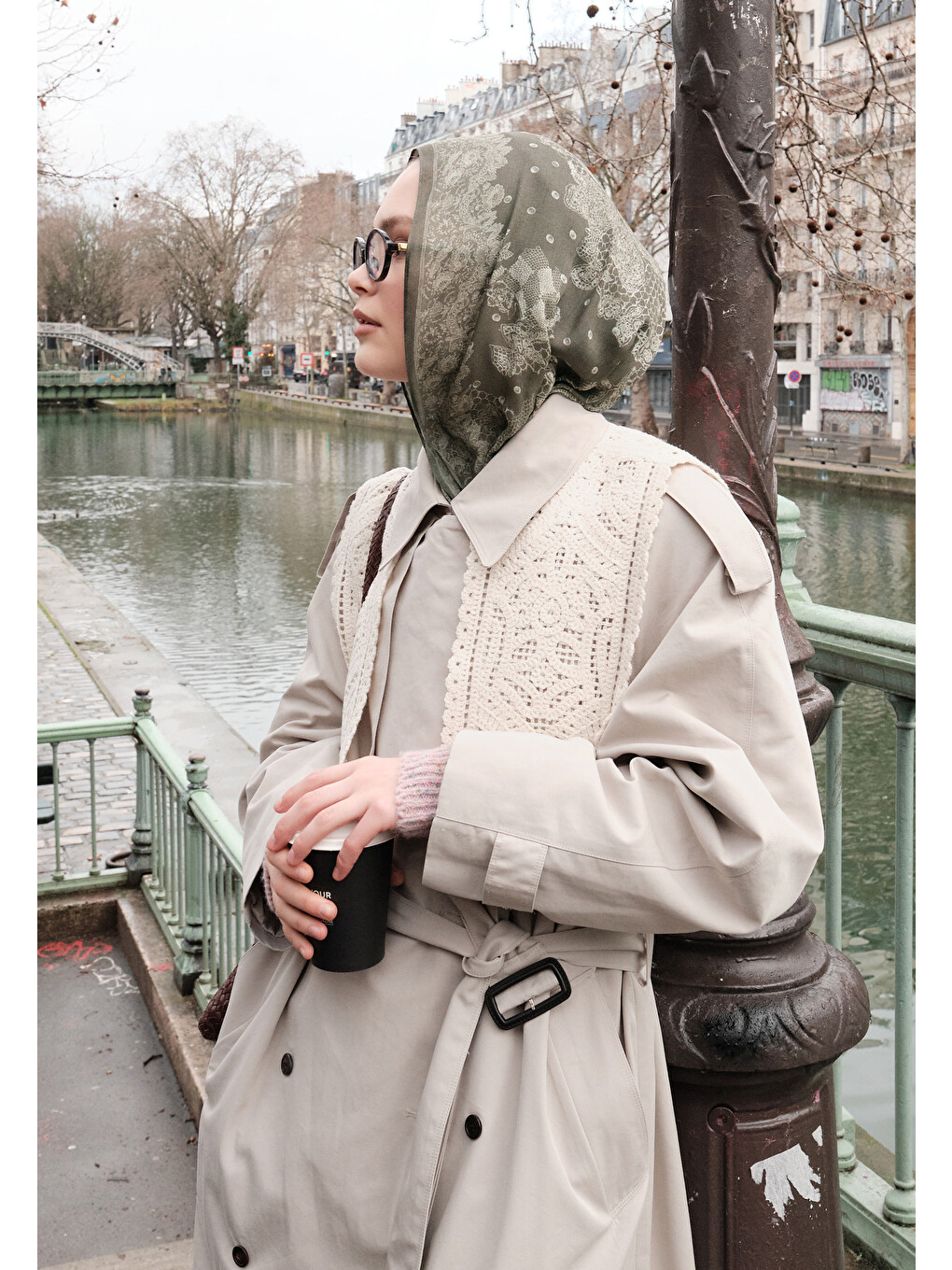 Floral Lace Desen Rami Şal Soft Haki