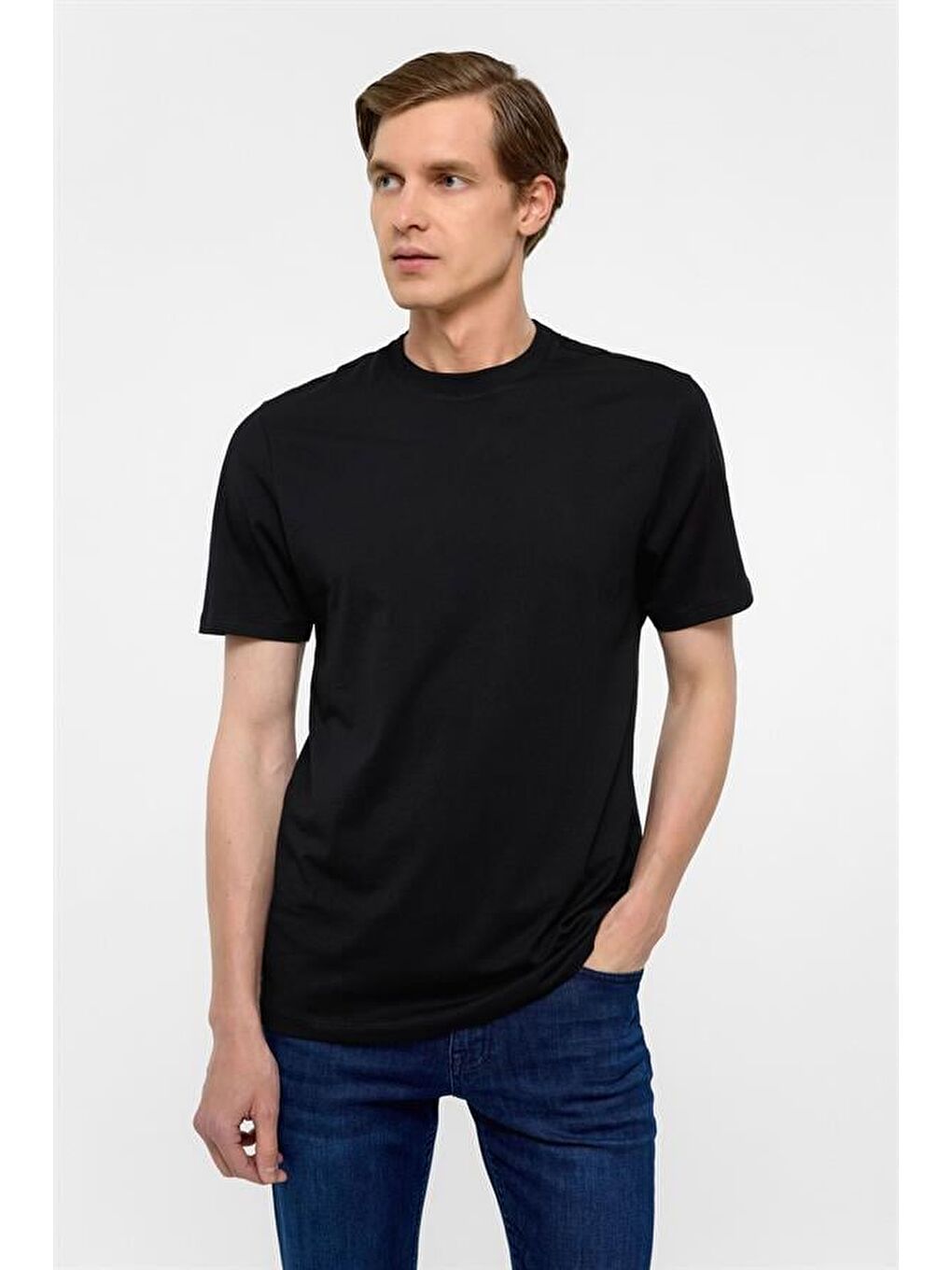 Siyah Regular Düz Bisiklet Yaka Tişört-1
