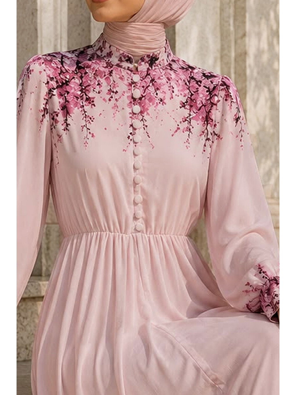 Çiçek Baskılı Yarım Düğmeli Şifon Elbise Tsd260258 Pembe-3