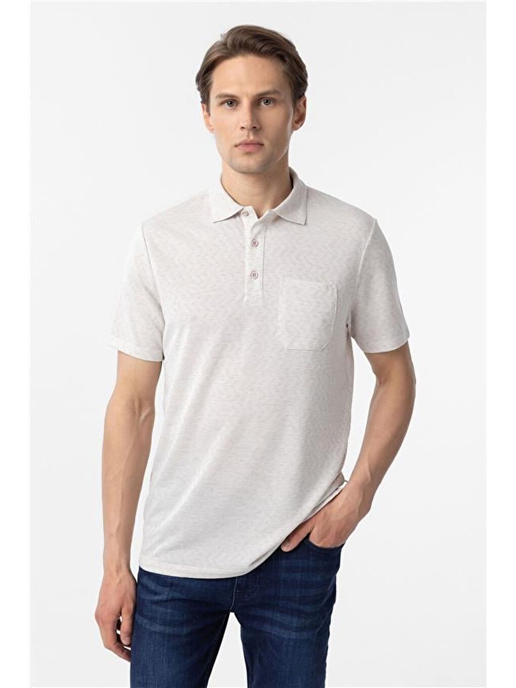 Ekru Regular Armürlü Polo Yaka Tişört-1