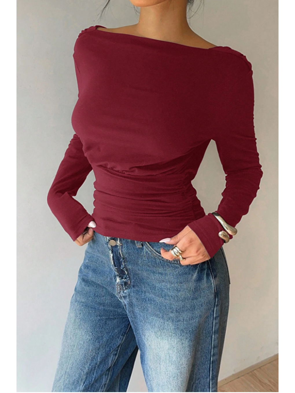 Kadın Bordo Derin Sırt Dekolteli Uzun Kollu Esnek Pamuk Bluz-2