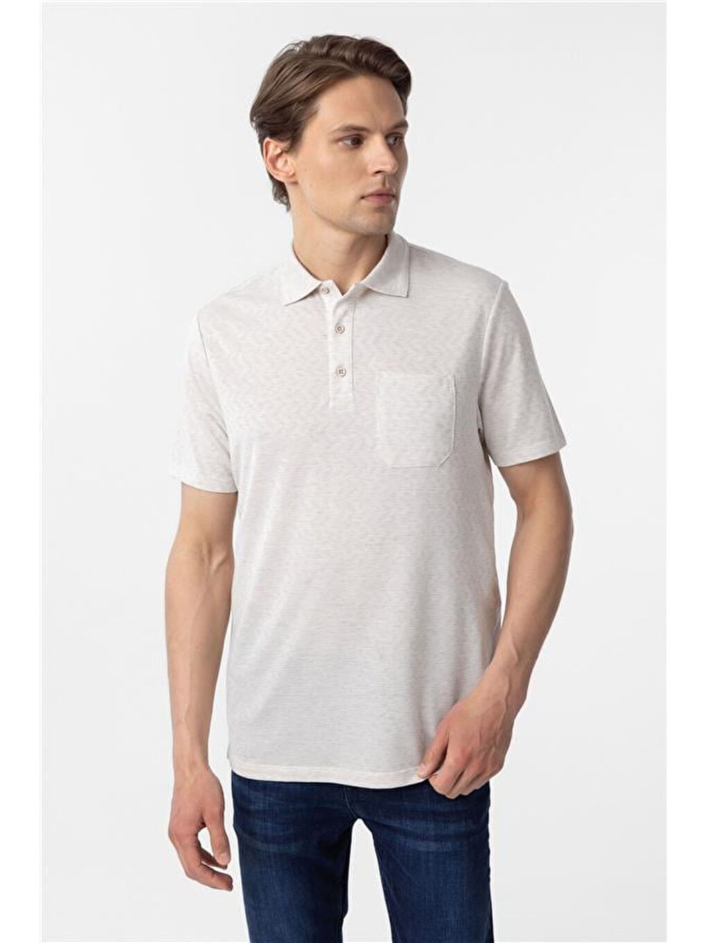Ekru Regular Armürlü Polo Yaka Tişört-2