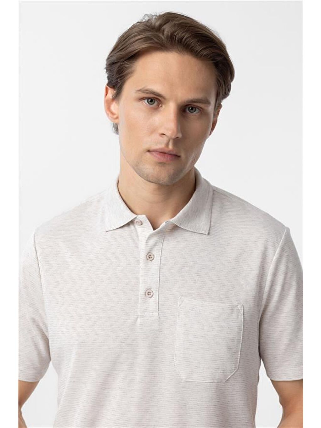 Ekru Regular Armürlü Polo Yaka Tişört-3