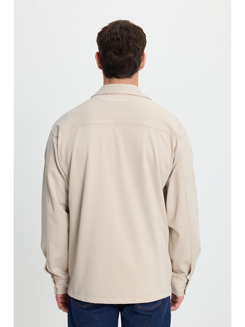 Erkek Relax Fit Rahat Kesim Uzun Kollu Düz Örme Kumaş Yandan Yırtmaçlı Bej Gömlek-7
