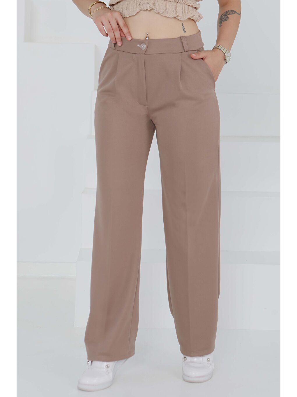 Bej Cepli Palazzo Pantolon Vizon - 27487-1