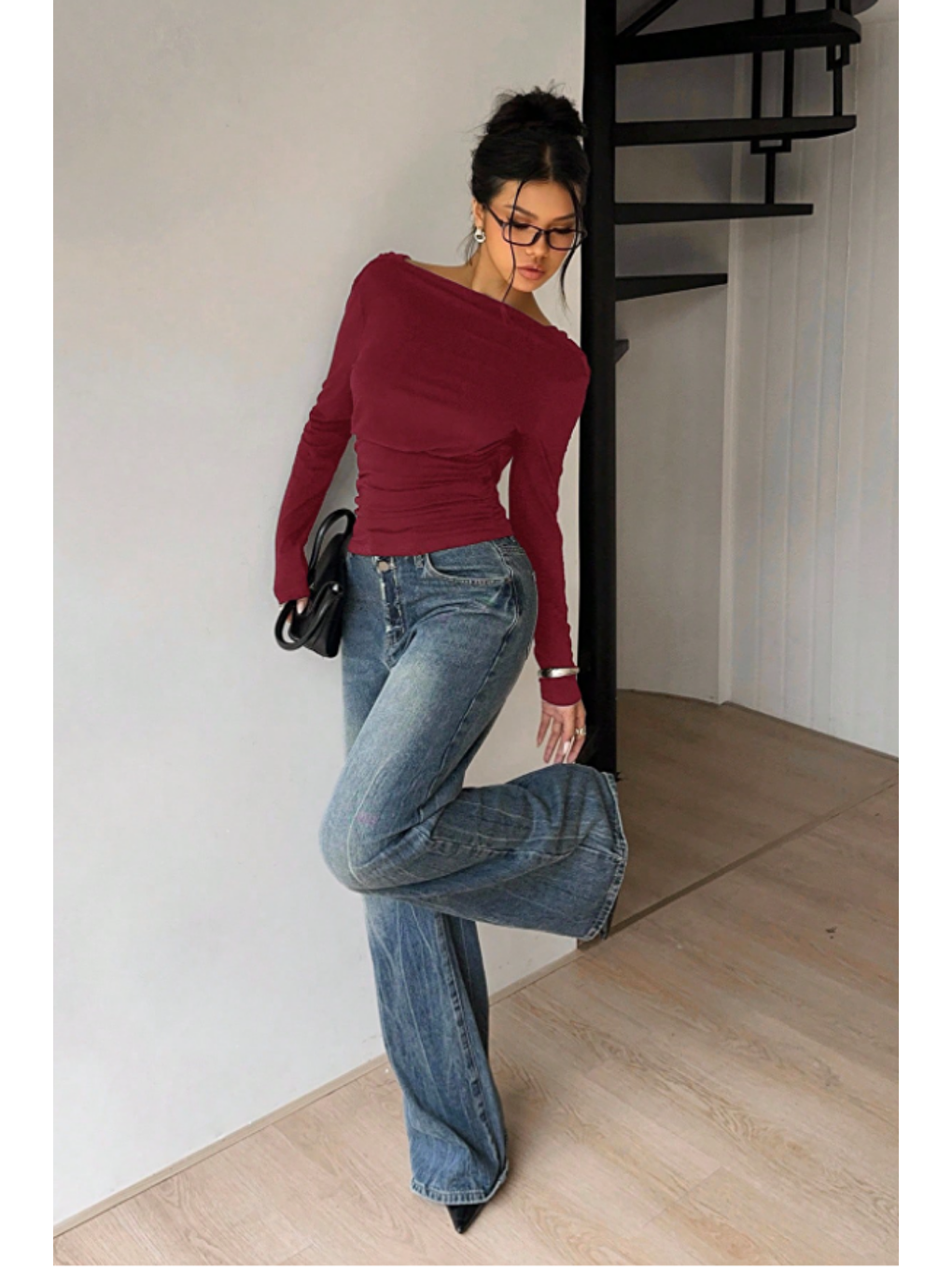 Kadın Bordo Derin Sırt Dekolteli Uzun Kollu Esnek Pamuk Bluz-4
