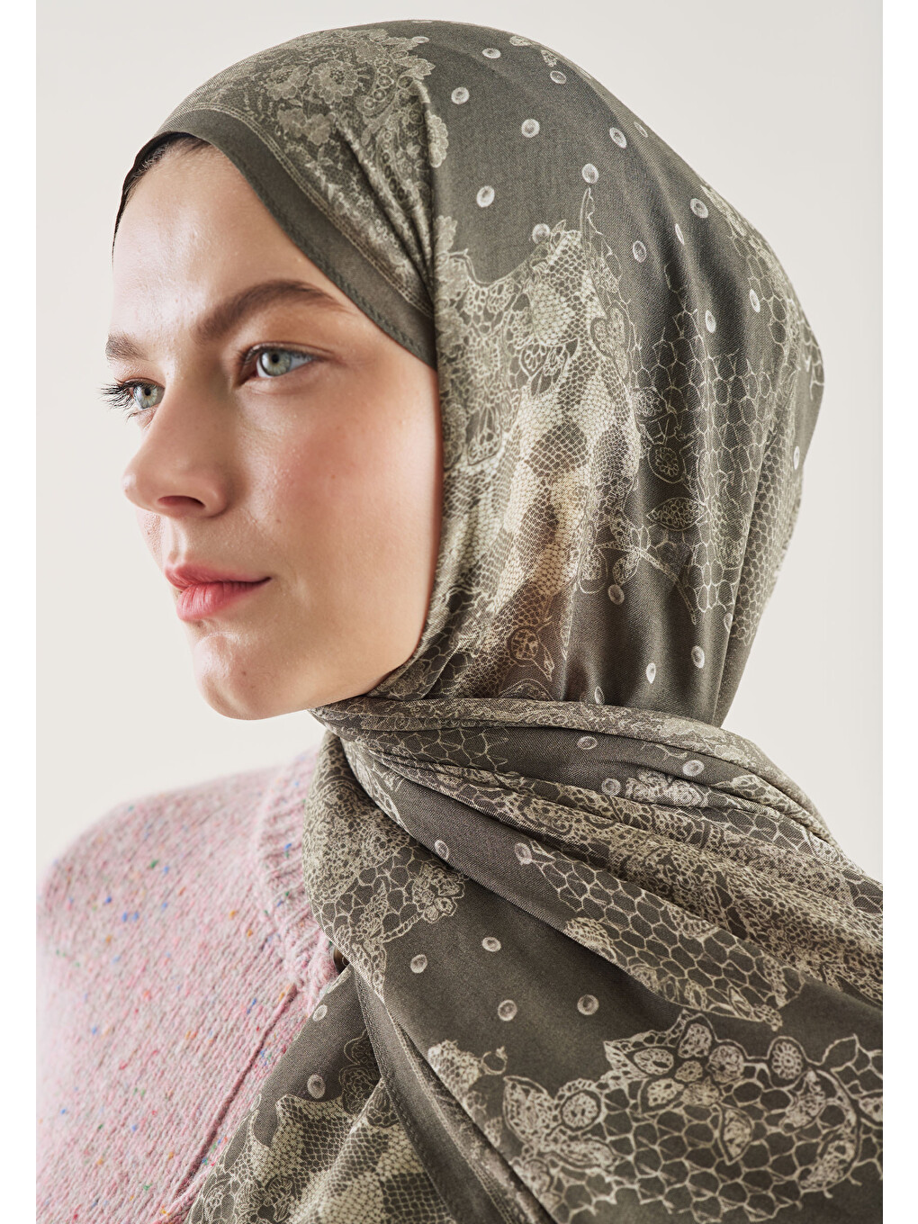 Floral Lace Desen Rami Şal Soft Haki-4
