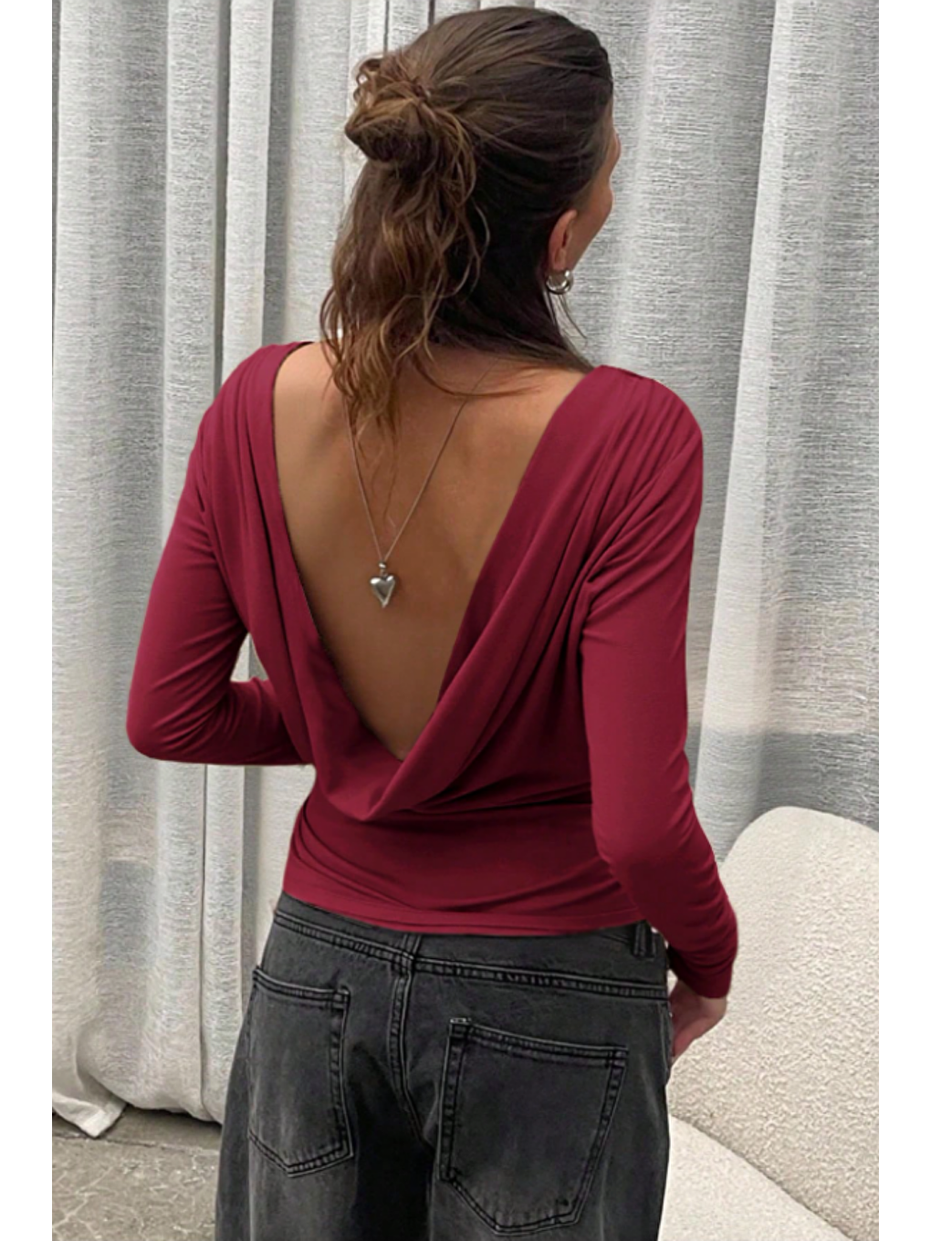 Kadın Bordo Derin Sırt Dekolteli Uzun Kollu Esnek Pamuk Bluz-3