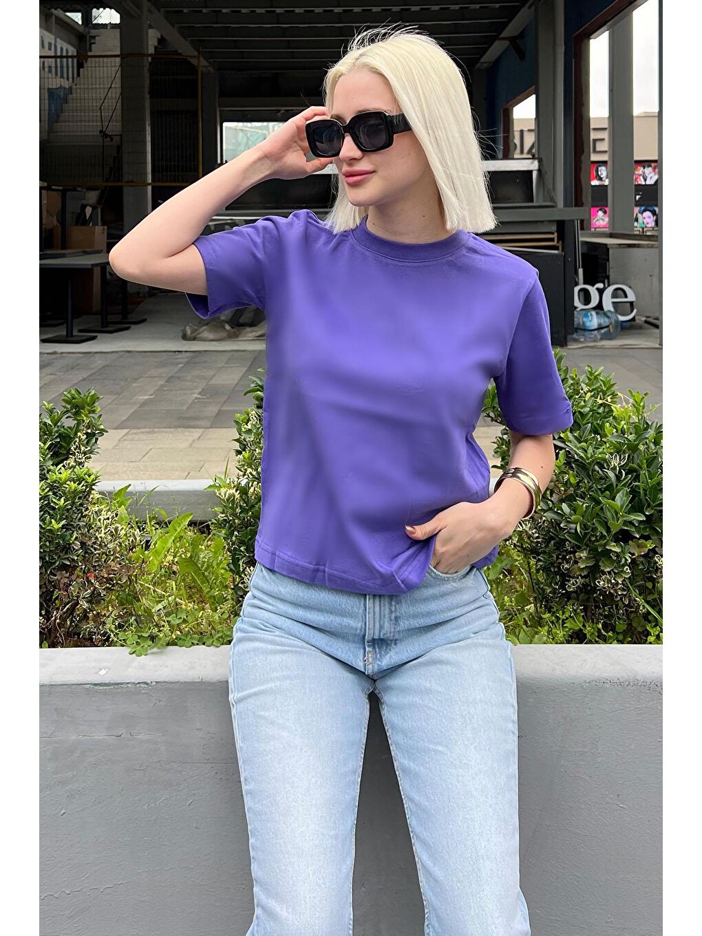 Mor Bisiklet Yaka Basic Kadın Tişört Mg2075-1