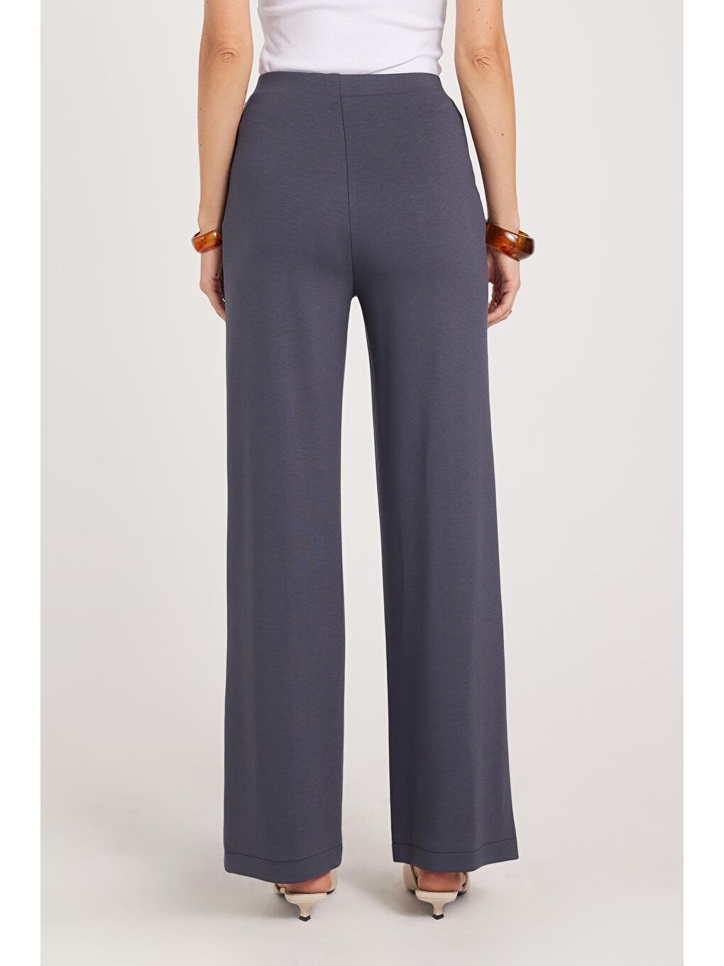 Kadın Relax Fit Rahat Kesim Modal Kumaş Yüksel Bel Geniş Paça Antrasit Pantolon-5