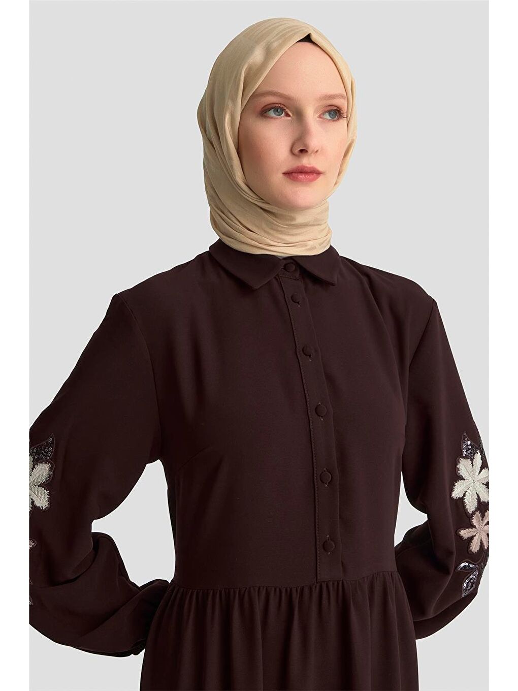 Kahverengi Nakışlı Katlı Elbise 25Kd1121 Kahverengİ-2