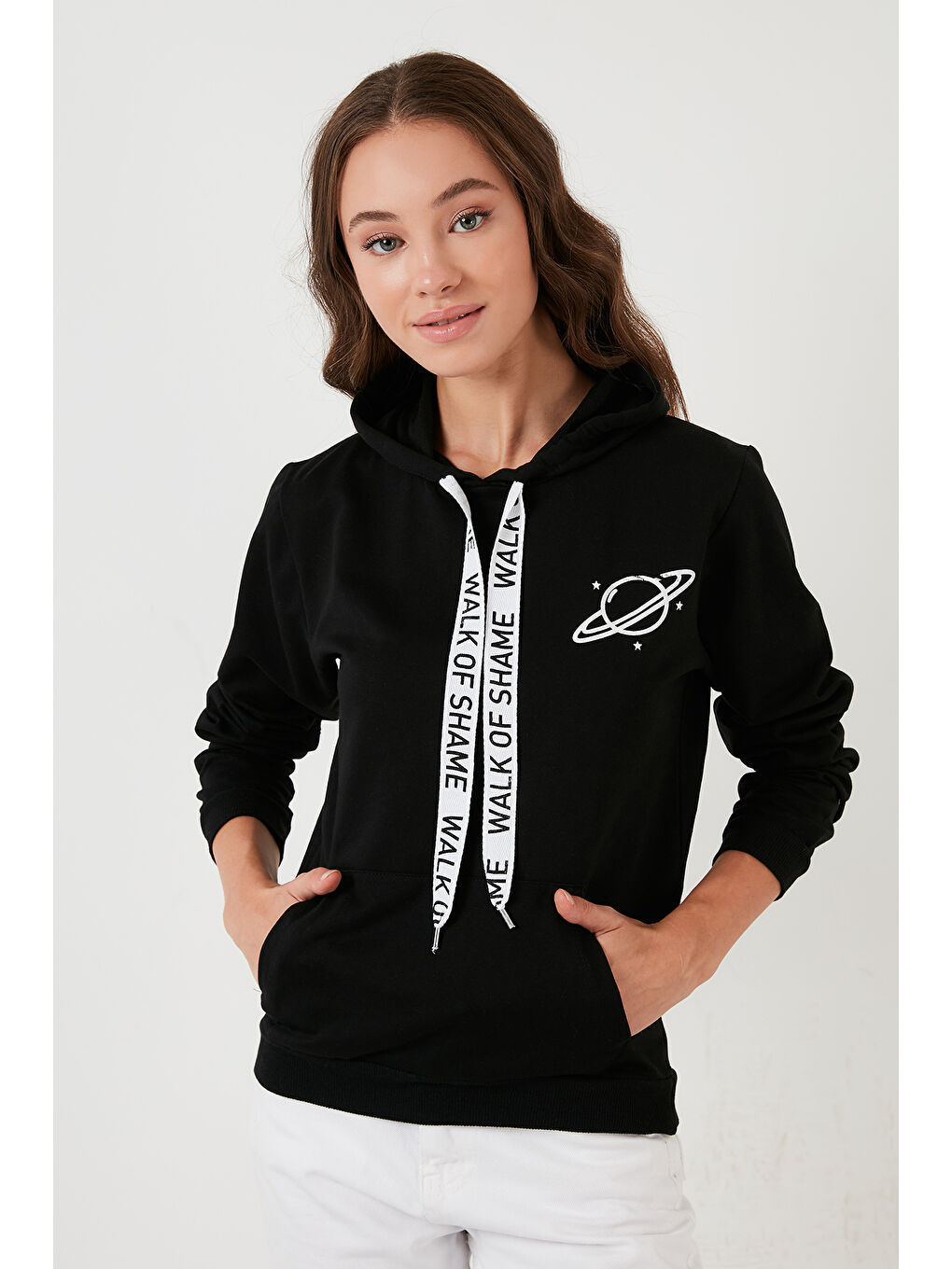 Siyah Baskılı Kapüşonlu Kanguru Cepli Örme Sweat 5413002-1