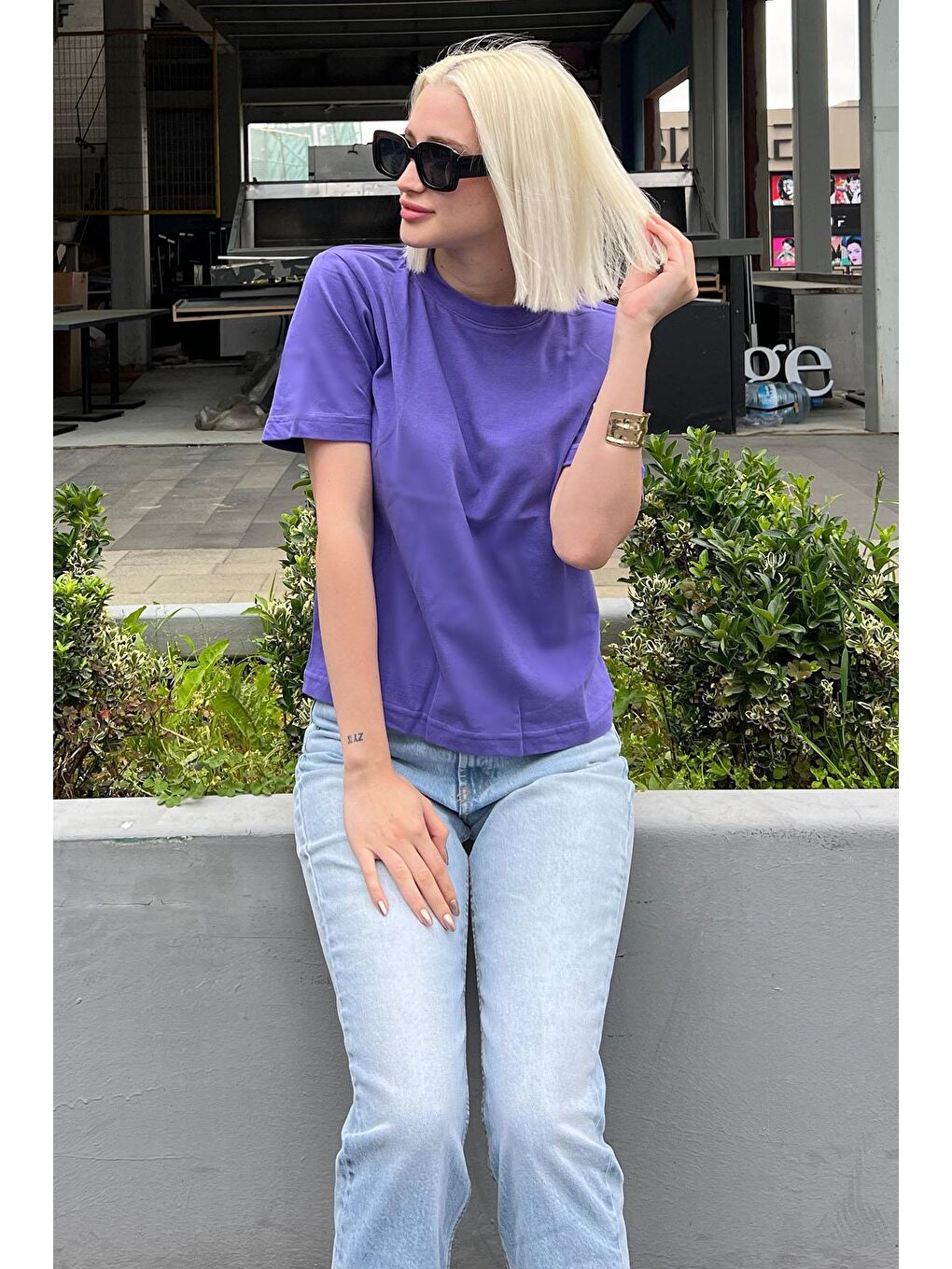 Mor Bisiklet Yaka Basic Kadın Tişört Mg2075-2