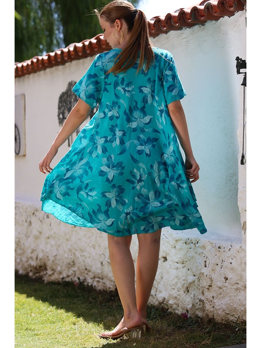 İtalyan Petrol Yeşili Havuz Yaka Kısa Kol Çiçekli Casual Oversize Dokuma Elbise 110 70-1