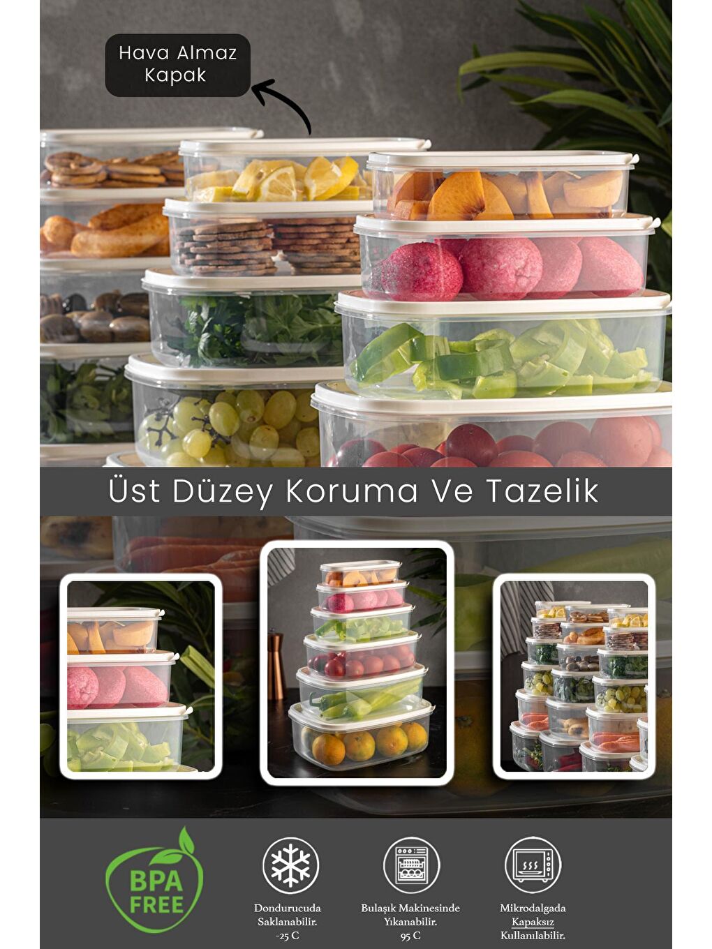 Meleni Home Antrasit 24'lü Sweet Box Saklama Kabı Seti Dikdörtgen Erzak Kabı Kavanoz Bej 4x(300-500-850-1350-2000-3150ml) - 2