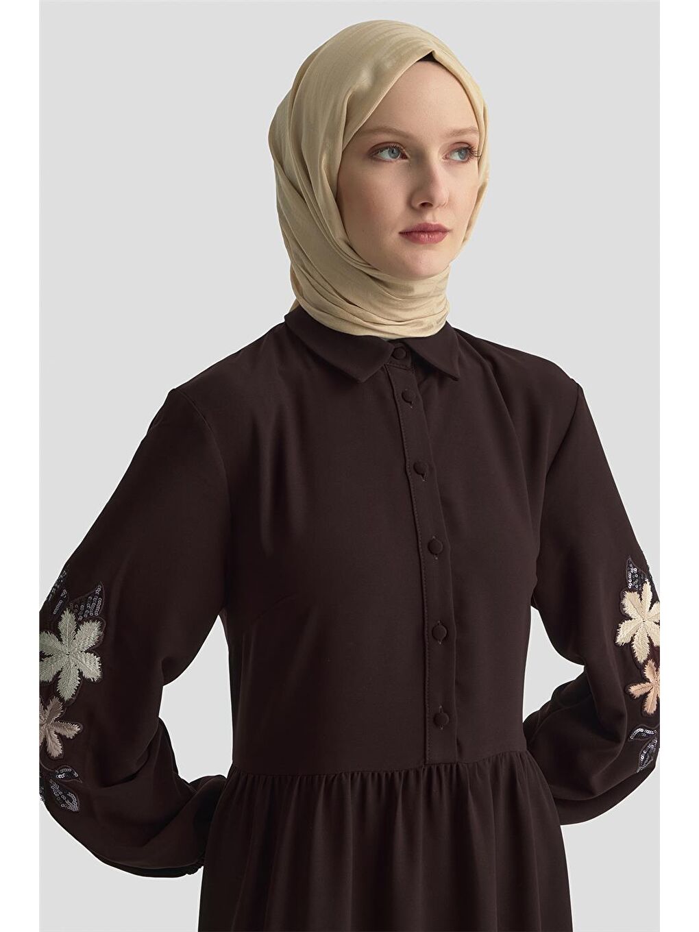 Kahverengi Nakışlı Katlı Elbise 25Kd1121 Kahverengİ-3