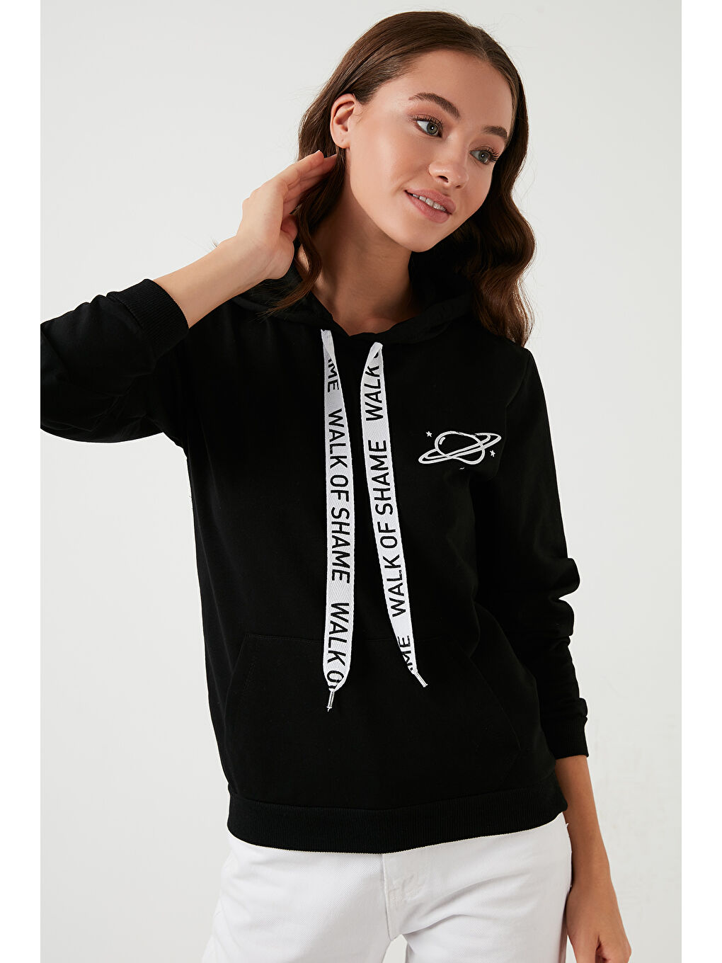 Siyah Baskılı Kapüşonlu Kanguru Cepli Örme Sweat 5413002-5