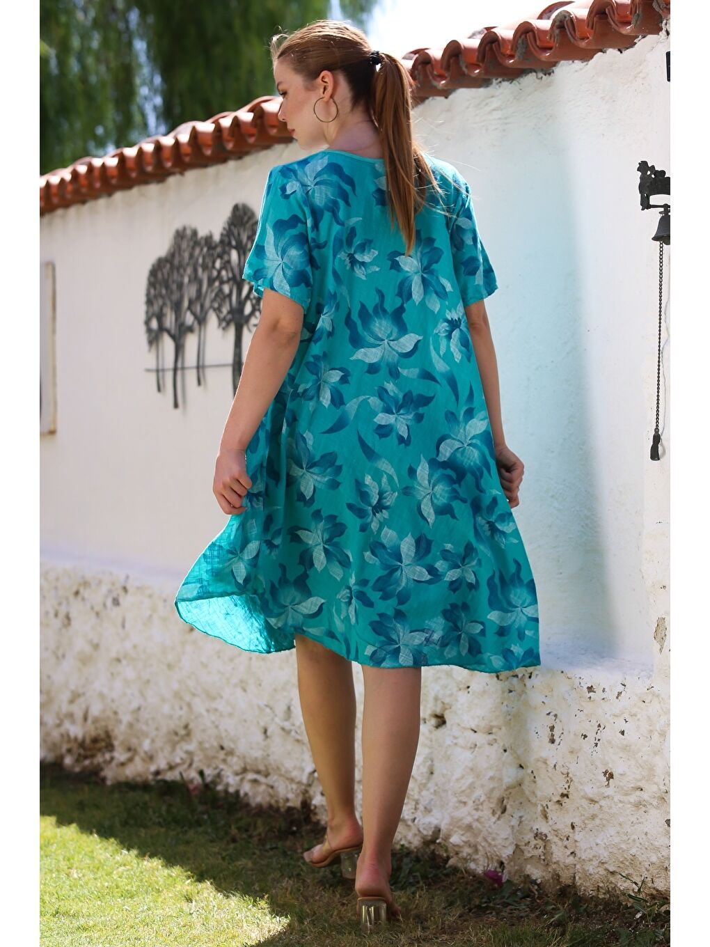 İtalyan Petrol Yeşili Havuz Yaka Kısa Kol Çiçekli Casual Oversize Dokuma Elbise 110 70-5