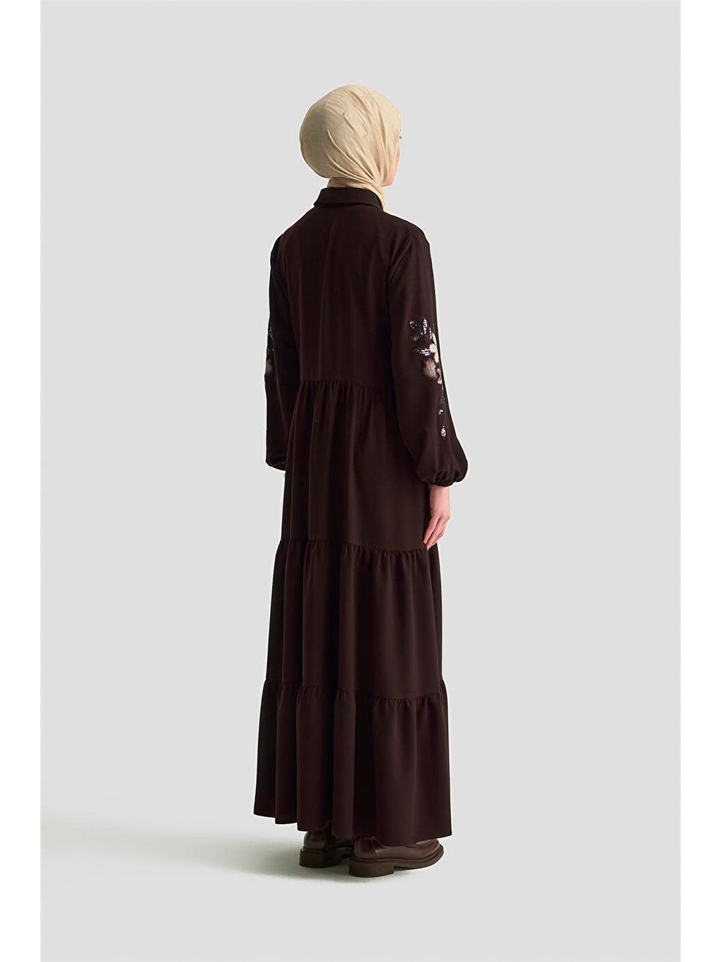 Kahverengi Nakışlı Katlı Elbise 25Kd1121 Kahverengİ-5