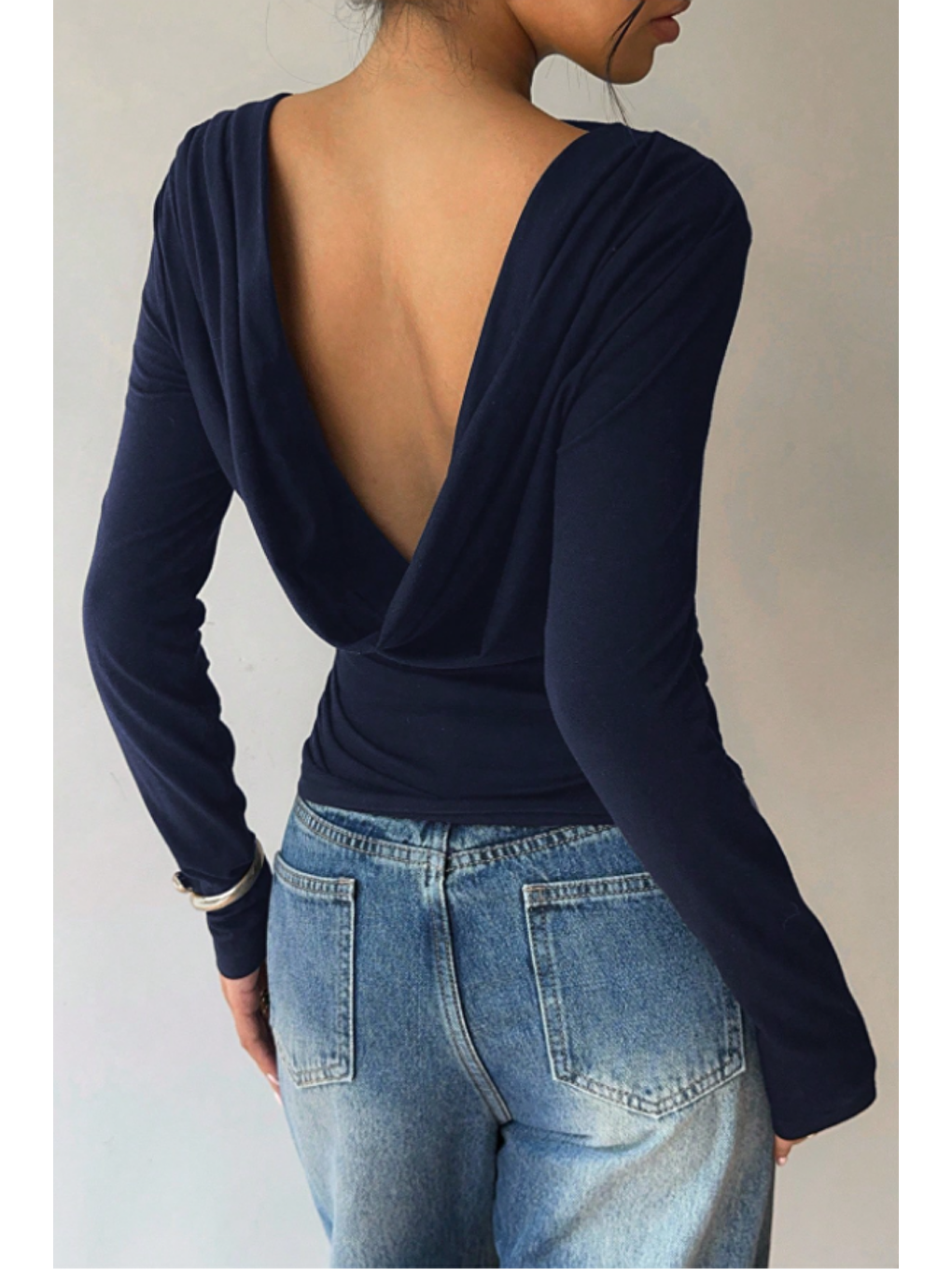 Kadın Lacivert Derin Sırt Dekolteli Uzun Kollu Esnek Pamuk Bluz-1