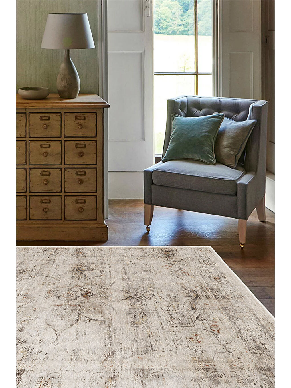 Bej Dekoratif Özel Tasarım Yıkanabilir İnce Kaymaz Tabanlı Modern Halı KECE FR08-1