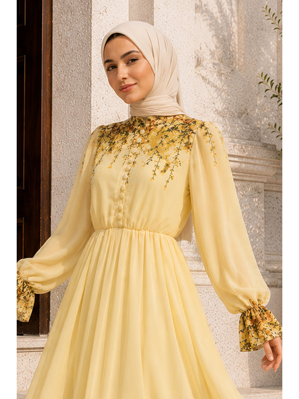 Çiçek Baskılı Yarım Düğmeli Şifon Elbise Tsd260258 Sarı-1