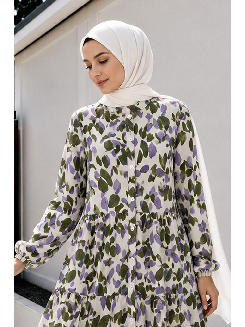 Pat Detaylı Yaprak Desenli Elbise Tsd260261 Haki-1