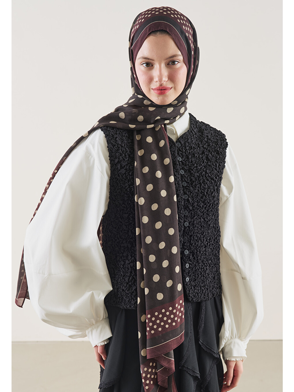 Kahverengi Puantiye Desen Rami Şal Acı Kahve-3