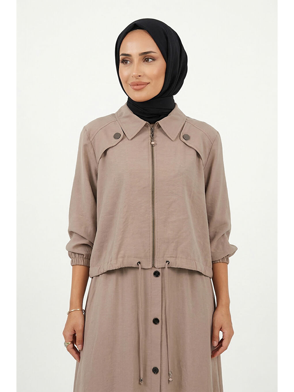 Bej Aller ve Çıt Çıt Detay Modal Bolerolu Elbise 921 Vizon-1