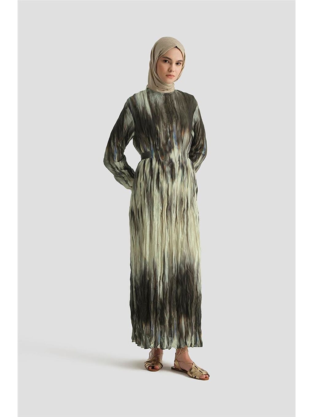 Batik Desen Kraşlı Elbise 25Y9032 Haki-1