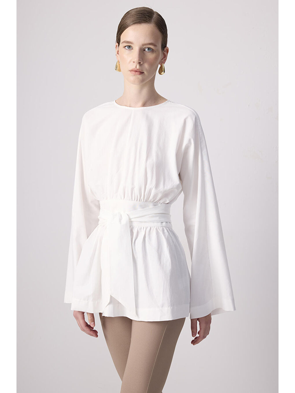 Beyaz Bağlama Detaylı Poplin Tunik-1