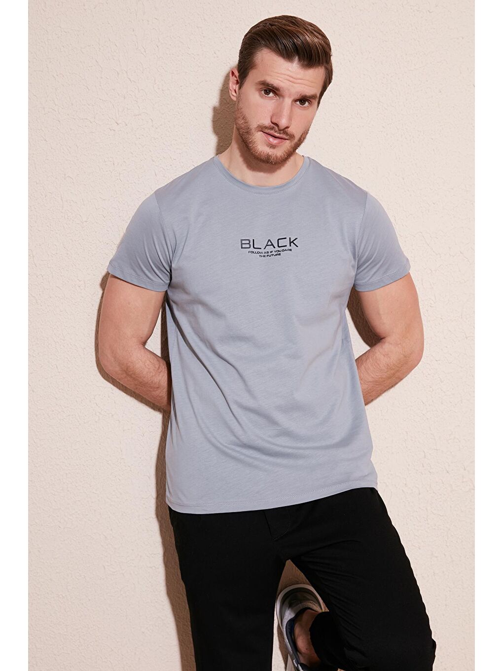 Buratti Açık Gri Baskılı Bisiklet Yaka % 100 Pamuk Slim Fit T Shirt 541FOLLOW