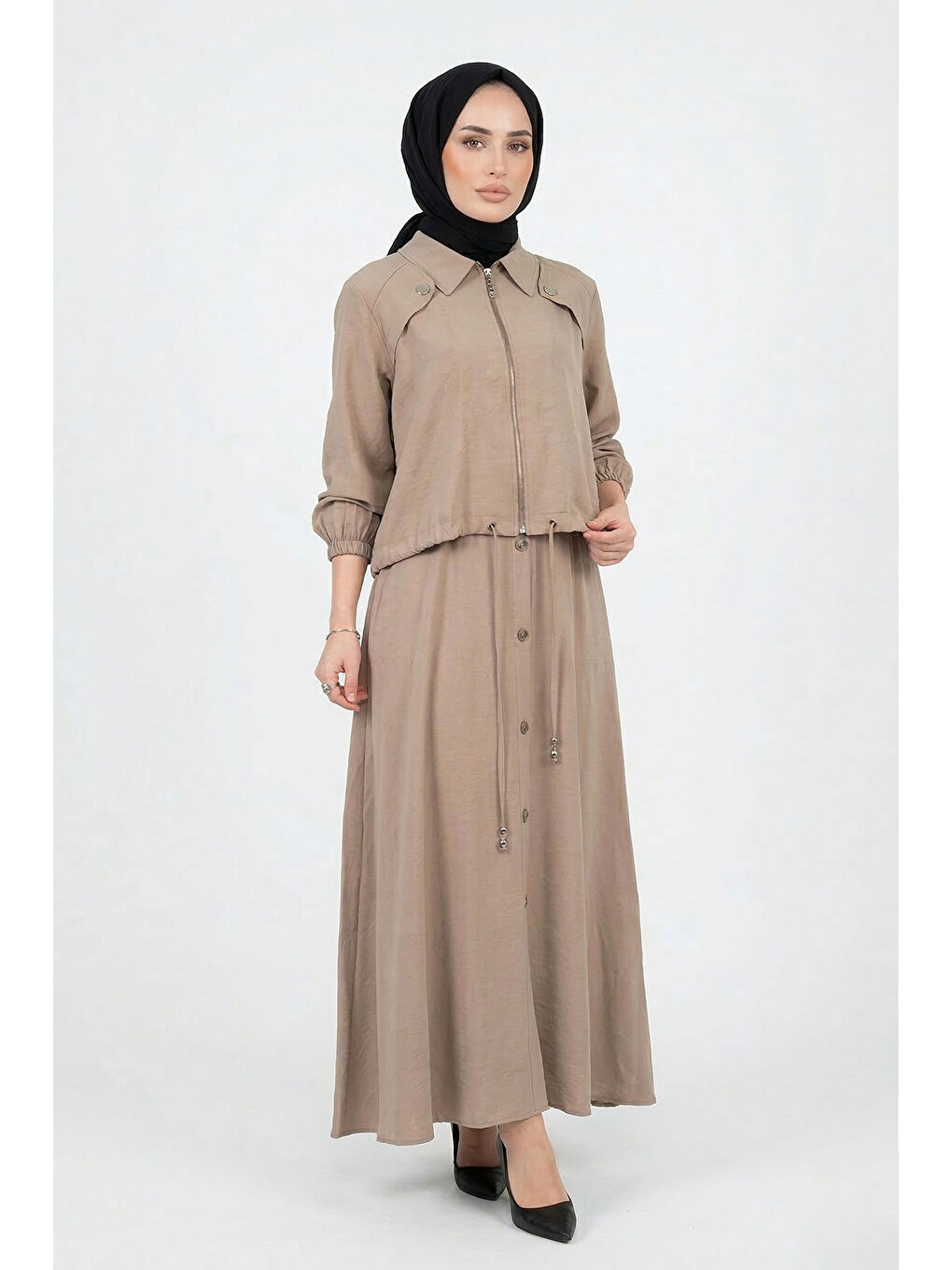 Bej Aller ve Çıt Çıt Detay Modal Bolerolu Elbise 921 Vizon-3