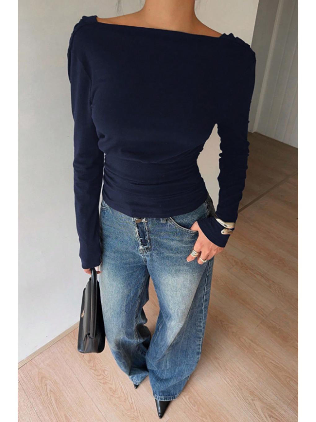 Kadın Lacivert Derin Sırt Dekolteli Uzun Kollu Esnek Pamuk Bluz-4