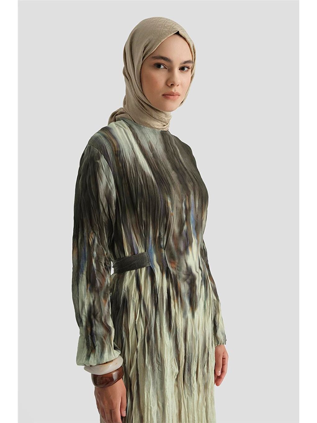 Batik Desen Kraşlı Elbise 25Y9032 Haki-3