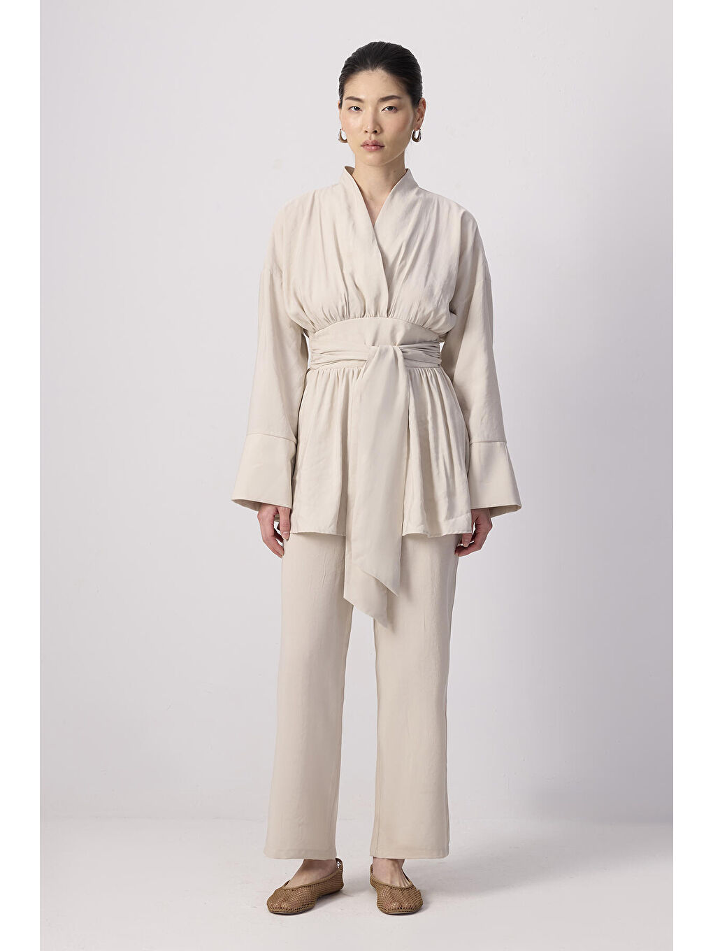 Bej Geniş Kuşaklı Tunik Pantolon Takım