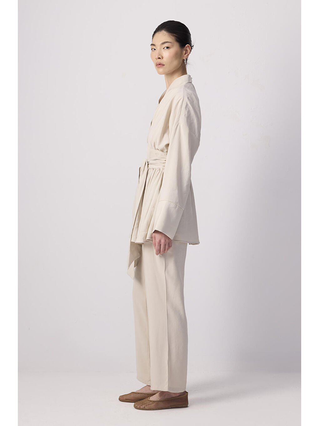 Bej Geniş Kuşaklı Tunik Pantolon Takım-2