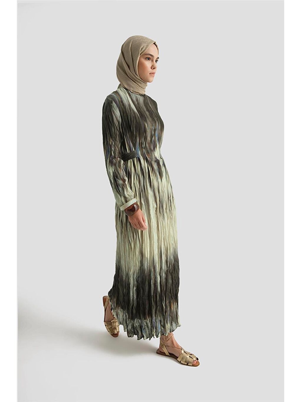 Batik Desen Kraşlı Elbise 25Y9032 Haki-5