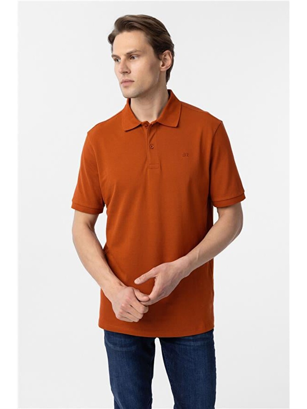 Kahverengi Kiremit Regular Düz Polo Yaka Tişört-1