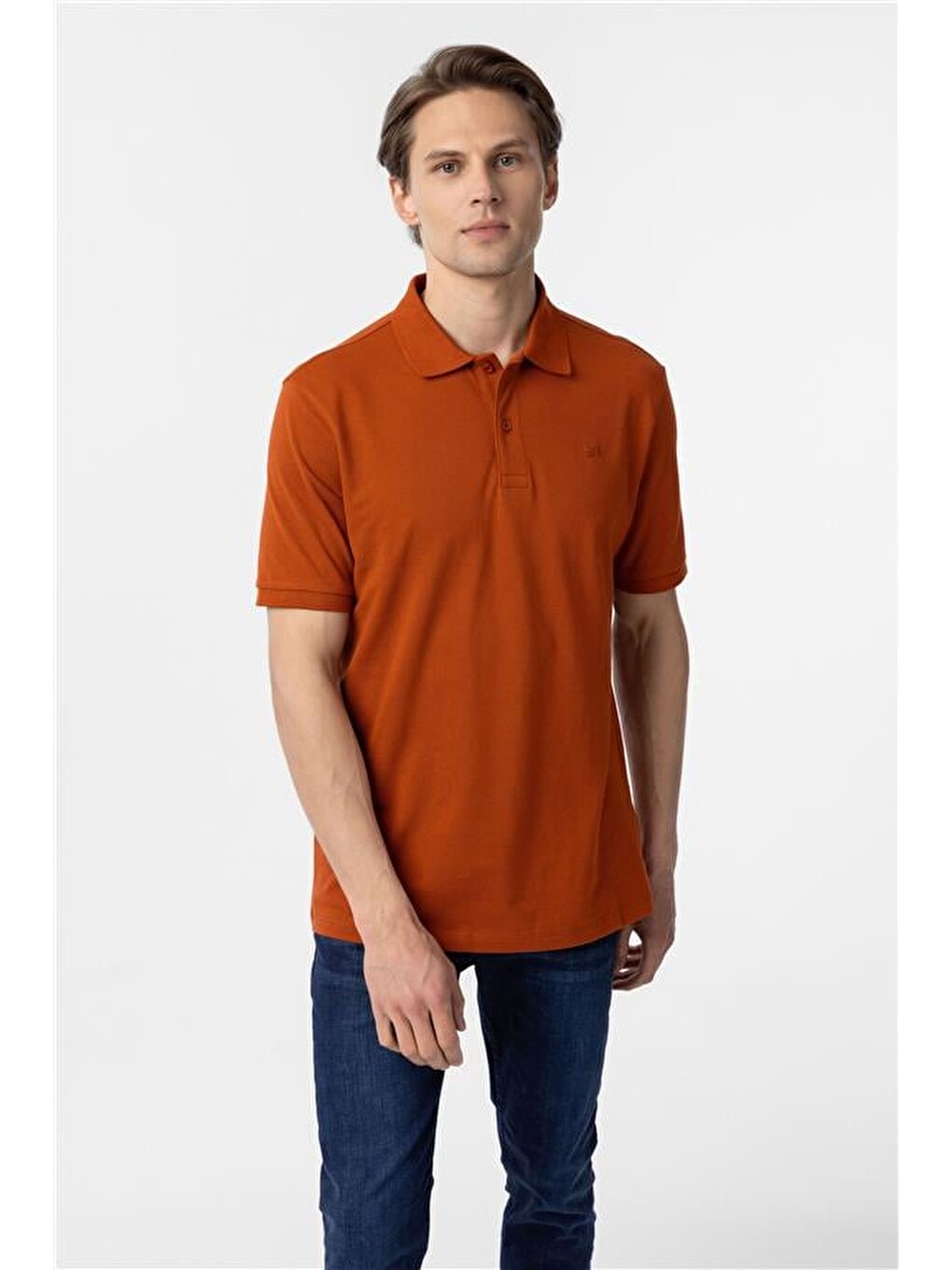 Kahverengi Kiremit Regular Düz Polo Yaka Tişört-2