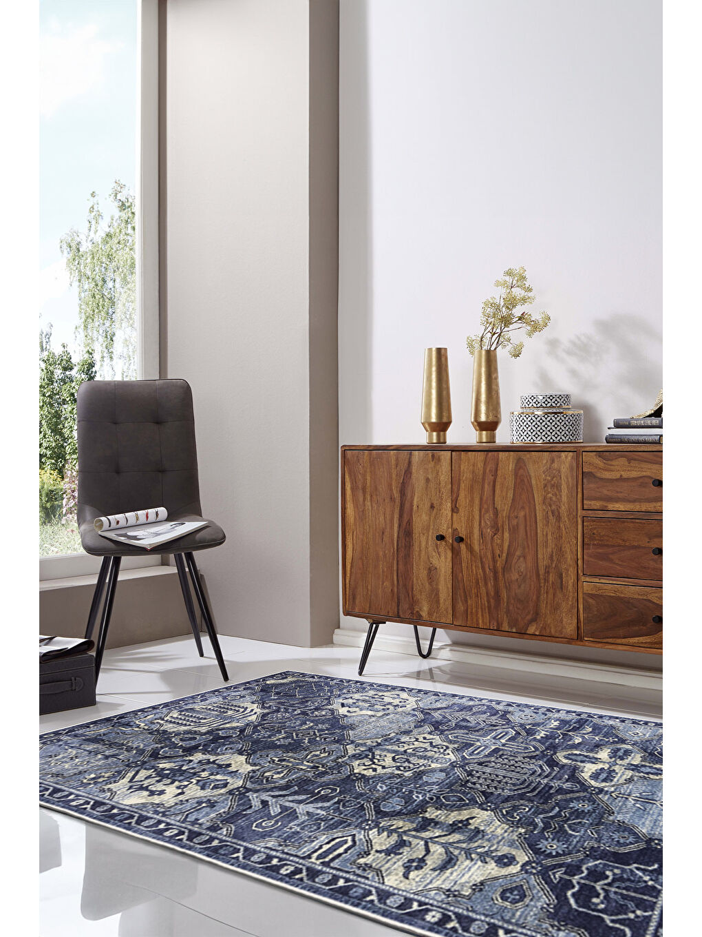 Mavi Dekoratif Özel Tasarım Yıkanabilir İnce Kaymaz Tabanlı Modern Halı KECE FR13-2