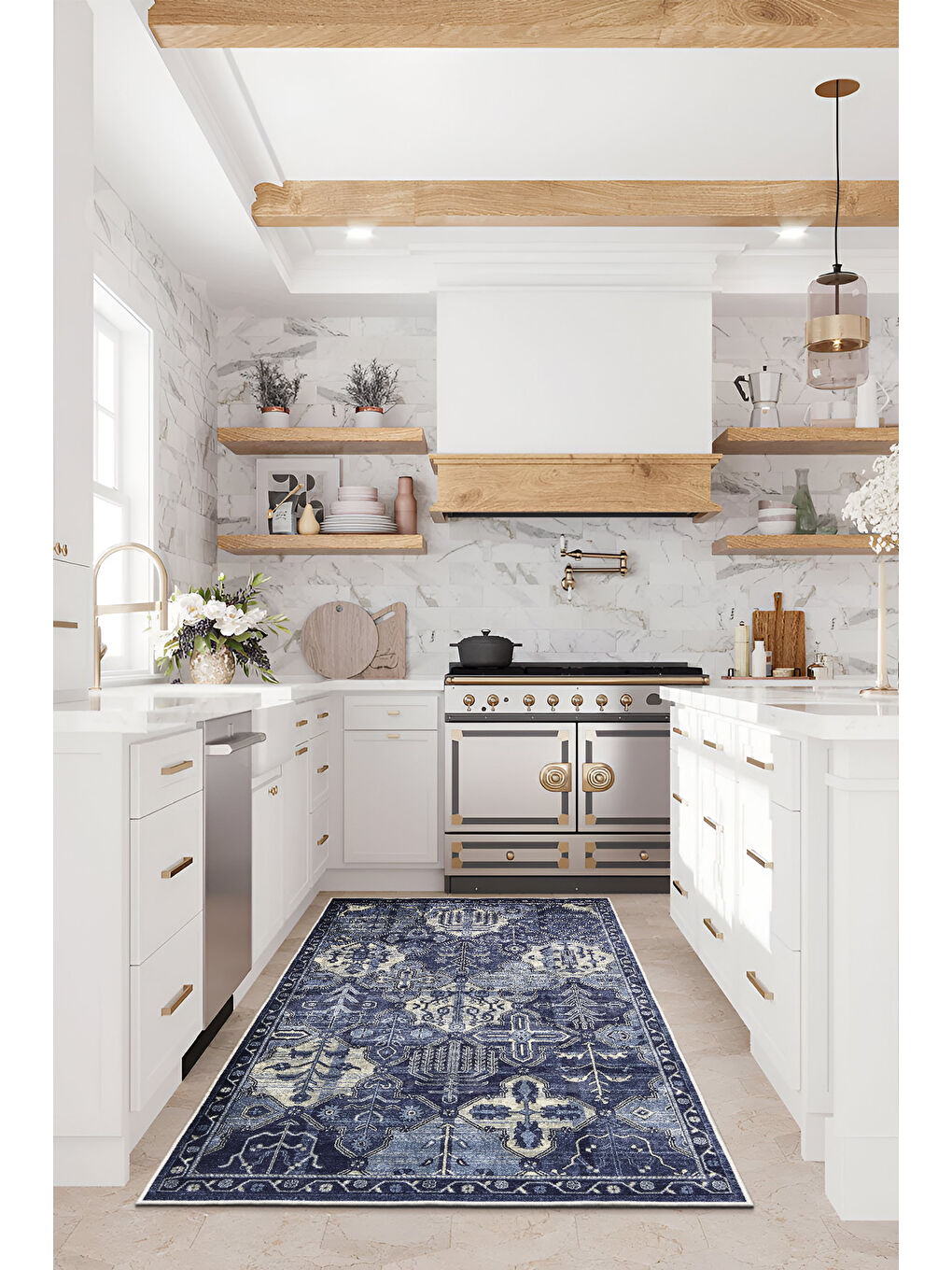 Mavi Dekoratif Özel Tasarım Yıkanabilir İnce Kaymaz Tabanlı Modern Halı KECE FR12-4