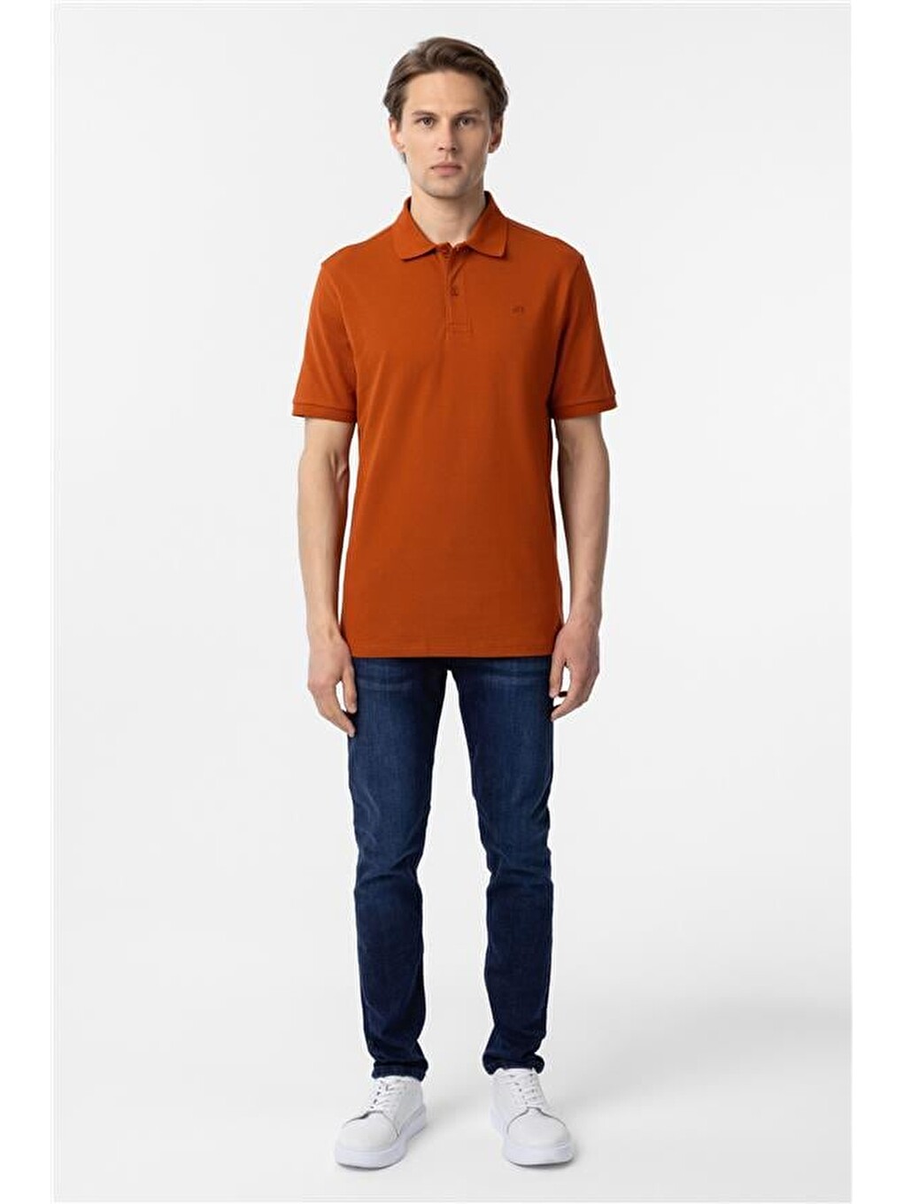 Kahverengi Kiremit Regular Düz Polo Yaka Tişört-5