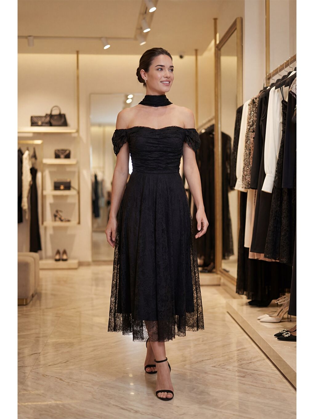 Kadın Siyah Dar Kalıp Kayık Yaka Dantelli Midi Söz Nişan Nikah Abiye-3