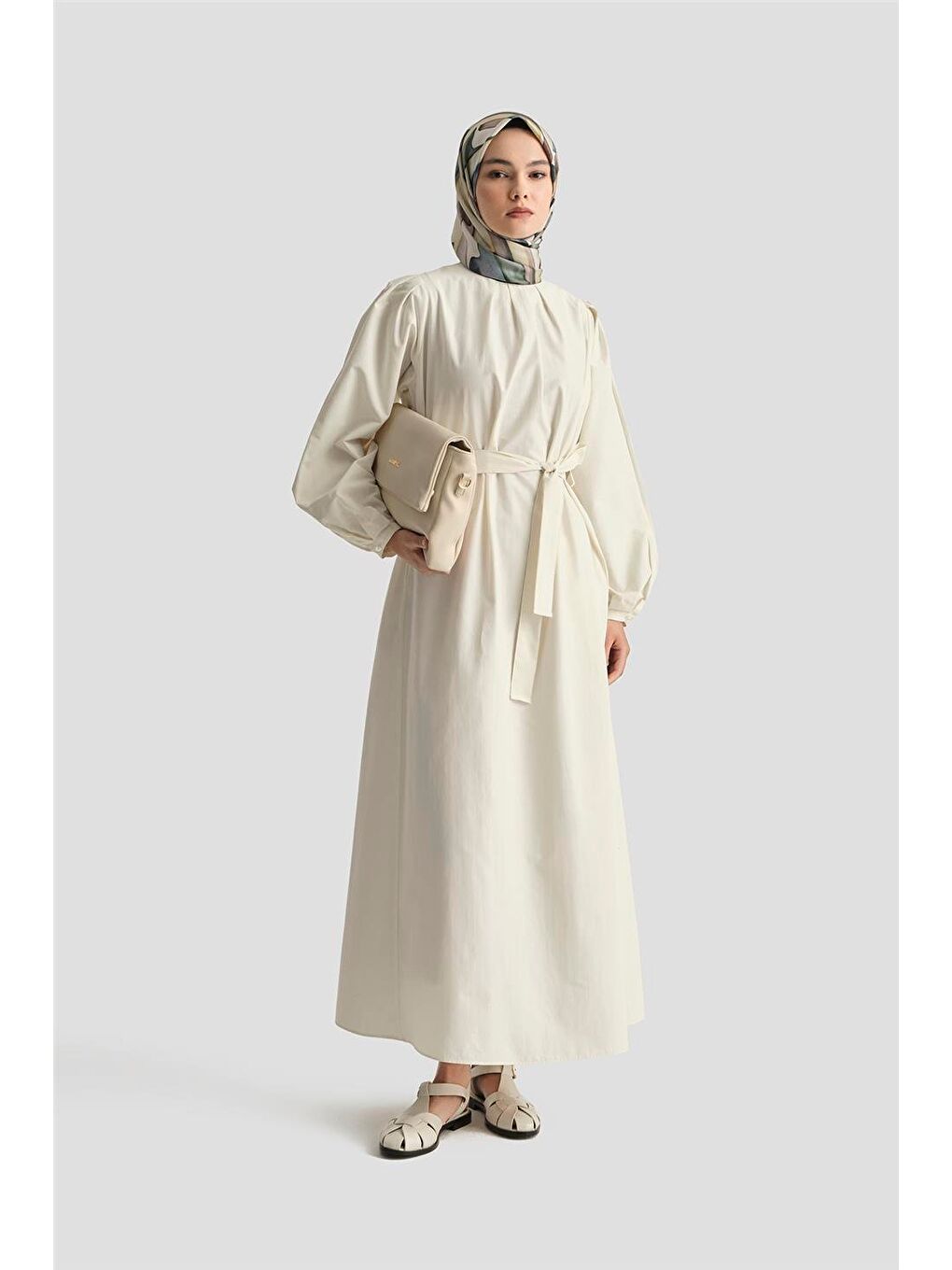 Ekru Pile Detaylı Pamuk Elbise 25Y9024 Aytaşı-2