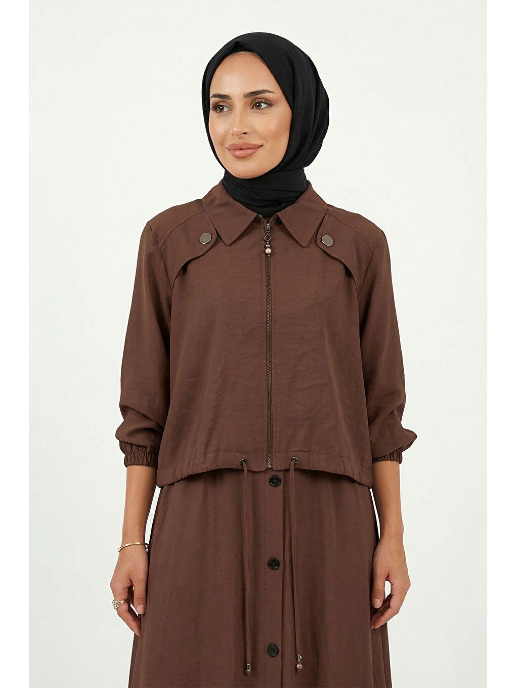 Aller ve Çıt Çıt Detay Modal Bolerolu Elbise921 Kahverengi-1