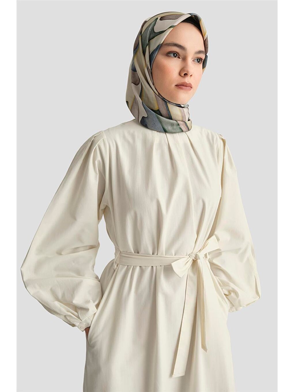 Ekru Pile Detaylı Pamuk Elbise 25Y9024 Aytaşı-3