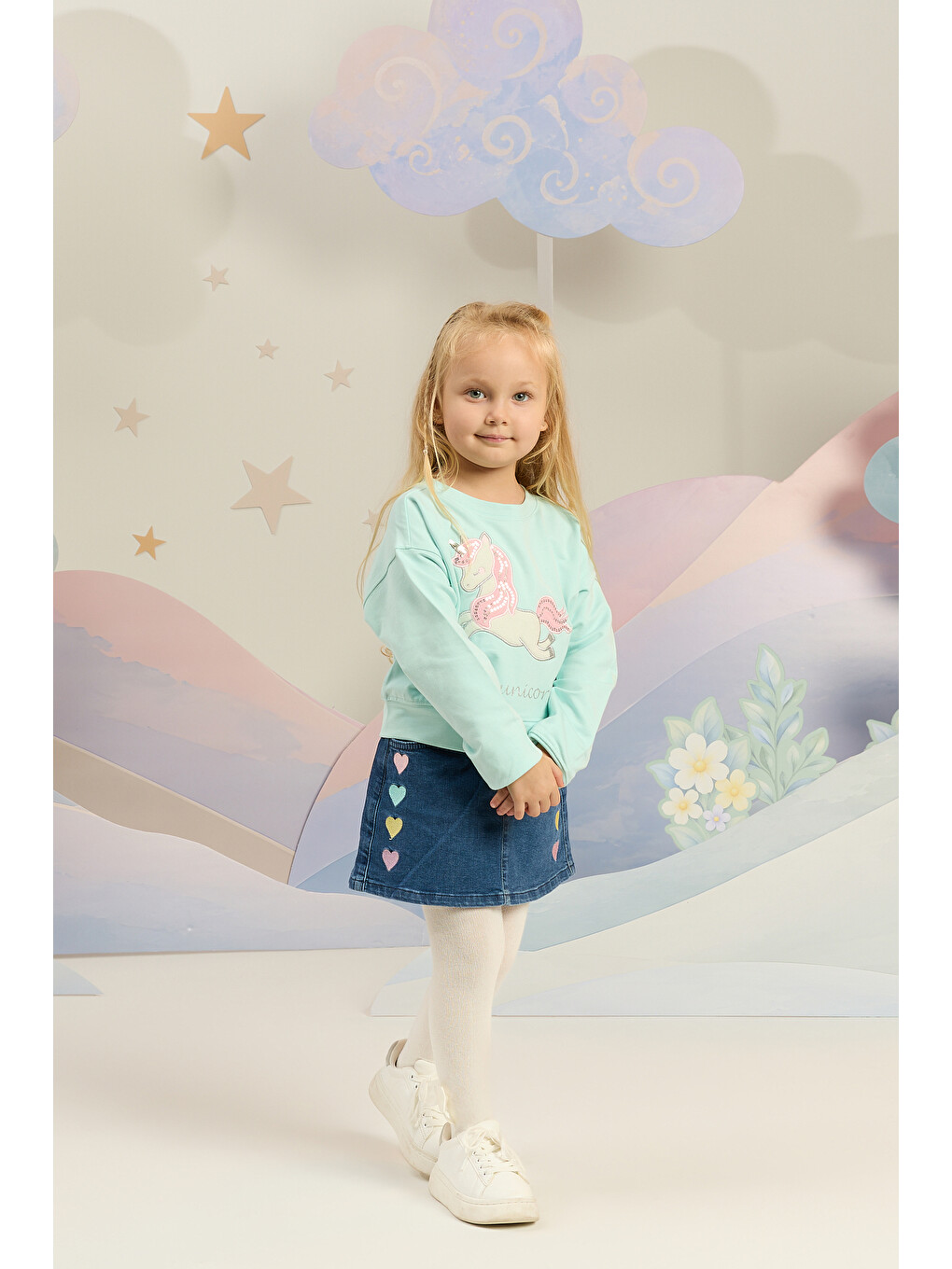 Kalp Nakışlı Bel Lastikli Örme Denim Etek 2-6 Yaş Mavi