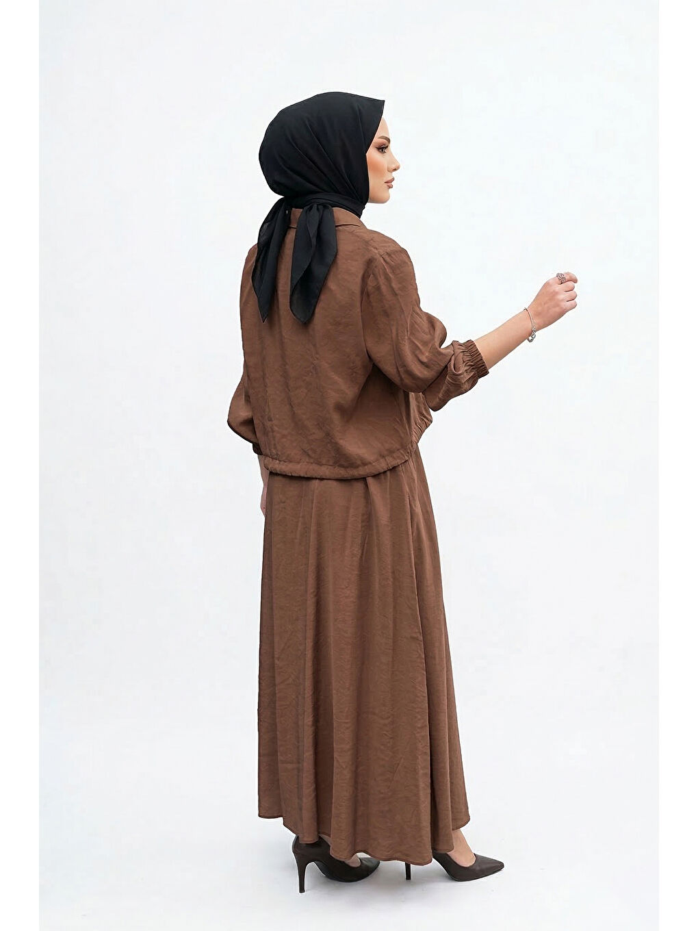 Aller ve Çıt Çıt Detay Modal Bolerolu Elbise921 Kahverengi-2