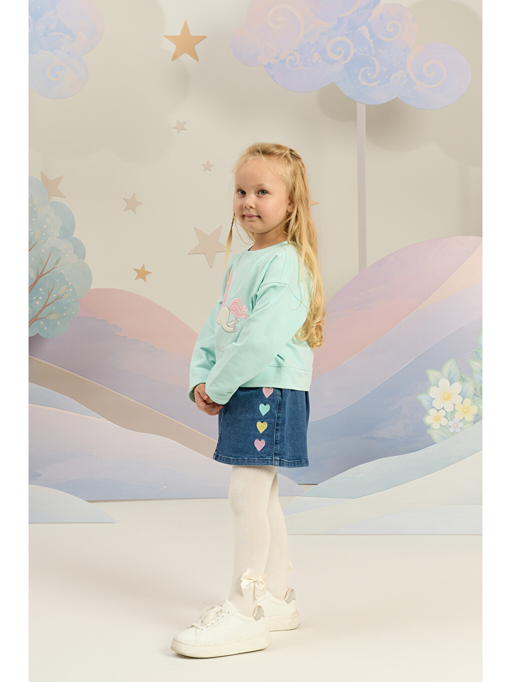 Kalp Nakışlı Bel Lastikli Örme Denim Etek 2-6 Yaş Mavi-1